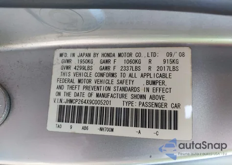 2009 Honda Accord 2.4 Lx-P из США, поврежденный, VIN JHMCP264X9C005201